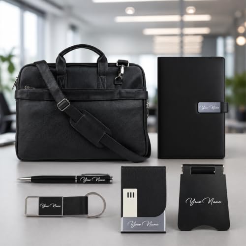 Image of Giftana 6 in 1 Premium Laptop Bag with Personalized Diary and Pen, Keychain, Card Holder, Mobile Stand with Name, Customized Gift for Husband, Father, Employee Welcome Kit, Corporate Gift for Employees (Black )