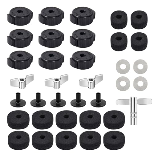 36 PCS Cymbal Replacement Accessories, Clutch Felts, Drum Cymbal Felt Pads Include Wing Nuts & Washers & Plastic Cymbals Sleeves & Drum Key and Plastic Cymbals Nuts, Replacement for Drum Set,Black