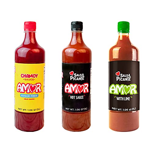 Amor Sauce Variety | Amor Chamoy Sauce, Bittersweet flavor, 2,500 Scoville level | Amor Hot Sauce with Lime, Spicy & Lemon flavor, 2,600 Scoville level|Amor Hot Sauce , Spicy flavor | 2,800 Scoville level (Pack of 1)
