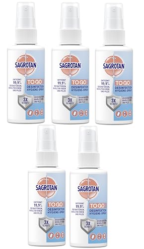 Sagrotan To Go Hygiene Pumpspray – Desinfektionsmittel für Textilien und Oberflächen im Haushalt – 5 x 100 ml Sprühflasche im praktischen Vorteilspack