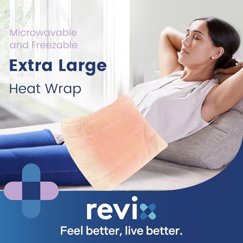 Image of REVIX Extra Large Microwavable Heating Pad for Back Comfort, Weighted Moist Heat Wrap with Flaxseed and Clay Beads, Reusable Hot and Cold Care for Neck, Shoulders, and Muscles, Beige