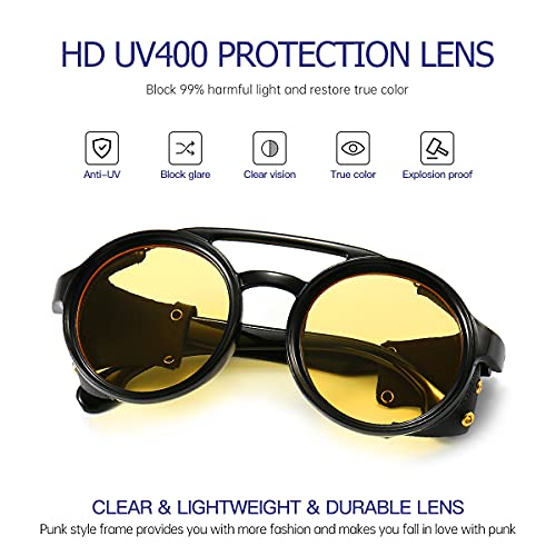 GYsnail Make the world clear Round Premium Steampunk Sunglasses For Men With Leather Side, UV400 Protection HD Punk Sungalss4