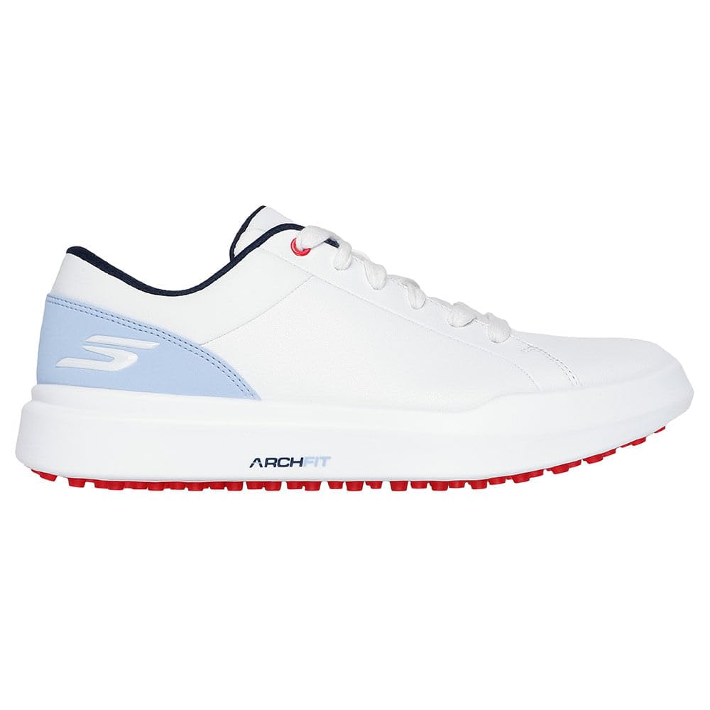 Skechers Golf Women's Drive 6 Arch Leather Relaxed Fit Waterproof Golf Shoe Sneaker, White/Blue, 10