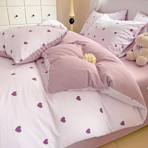 Freyamy Housse de Couette 200x200cm+2 Taie d'oreiller 65x65cm Coeur Imprimé Violet Parure de lit 2 Personnes Adulte Motif du Cœur Sets de Housse Couette en Microfibre avec Fermeture Éclair
