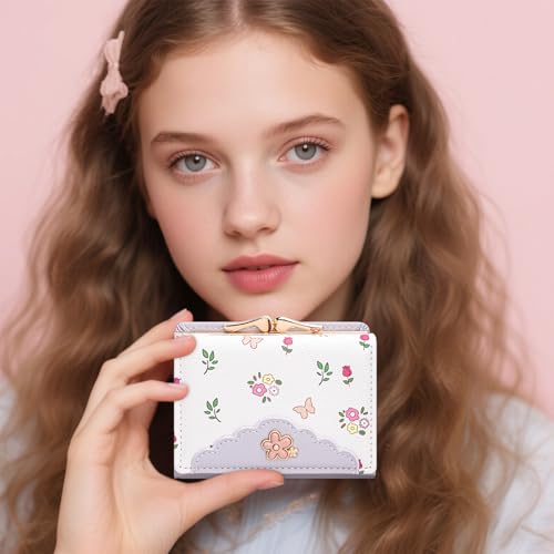 Image of YINHEXI Cute Trifold Wallet for Women Girls, Press-Lock Coin Wallet with ID Window, PU Leather Floral Small Wallet, Fits Purses & Pockets (Floral Lavender)