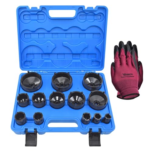 Yuesstloo 13 PCS Spindle Nuts Socket Kit Ball Joints Axle Locknut Remove Install Locking Hub Socket for KM Groove Nuts, Compatible with GM, Ford, GMC and Dodge, 4 Teeth Exterior with 1/2'' Drive