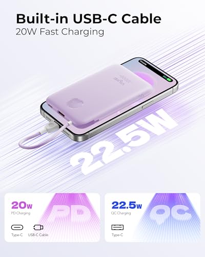 Image of VIYISI Slim Portable Charger Power Bank 10000mAh, Stylish PD 20W Fast Charging Compact Battery Pack with Built-in USB C Cable, Travel Essential for iPhone 17 16 15, Samsung, Android - Purple