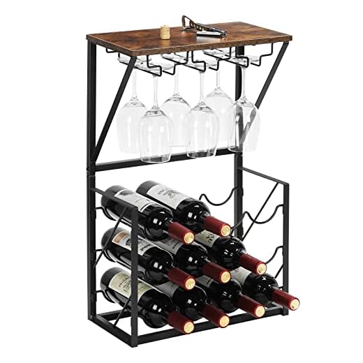 MOOACE Wood Wine Rack, Countertop Wine Storage Stand, Hold 12 Wine Bottles and 8 Glasses, Freestanding Wine Holder Stand for Kitchen, Pantry, Cellar, Bar