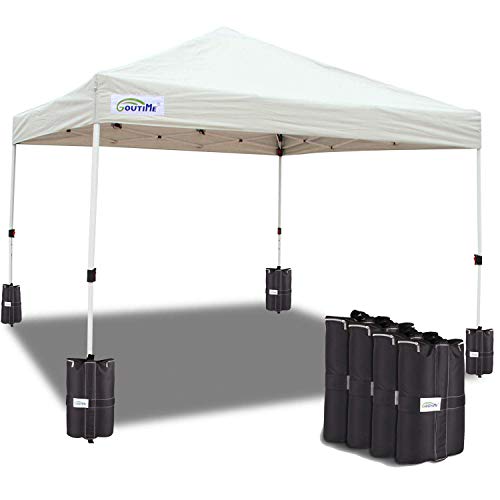 GOUTIME Instant 10X10 Feet Pop Up Canopy Tent, Medium-Duty Outdoor Canopy Tent for Parties, Include Wheeled Bag, 4 Stakes and Ropes, White