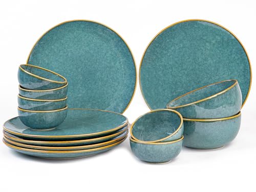 Image of Bodhi House Ceramic Dinner Set, 14 Pieces, Handmade Reactive Glaze Dinnerware, Stoneware Dining Sets Serving for 6, Microwave, Dishwasher Safe, Glossy Finish Crockery Set for Gifting, Ocean Green