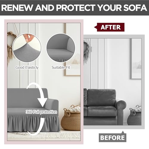 3 Pcs Sofa Slipcover Set for Couch Cushion Durable Washable High Elastic Stretchable Furniture Couch Covers with Skirt for Sofa Loveseat Arm Chair(Gray,Milk Silk) - Image 5