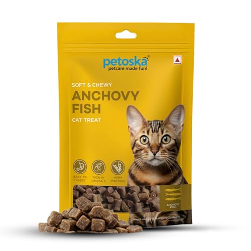 Image of Petoska Anchovy Fish Cat Treats - 100g | Air-Dried Real Anchovy Bites with Taurine & Omega-3 | Chewy High-Protein Snack for Shiny Coat, Heart Support & Weight Control | for Kittens & Adult Cats