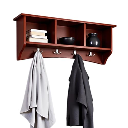 Image of Shaker Cottage Wall-Mounted Coat Rack with 3 Storage Cubbies and 4 Hooks - 36 inch Space-Saving Entryway Organizer, Mudroom and Hallway Wall Shelf by Alaterre Furniture (Cherry Finish)