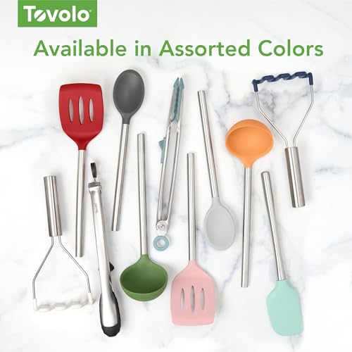 Image of Tovolo Silicone Cooking Utensil Set of 6 Blue Slate Ladle Slotted Turner Tongs Flex Core Spatula Scraper Mixing Spoon and Potato Masher, Dishwasher Safe BPA Free Silicone Kitchen Utensils