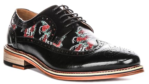 Ross Skull Men's Skull Rose Print Brougue Low Shoes (Black Multi, US 10)