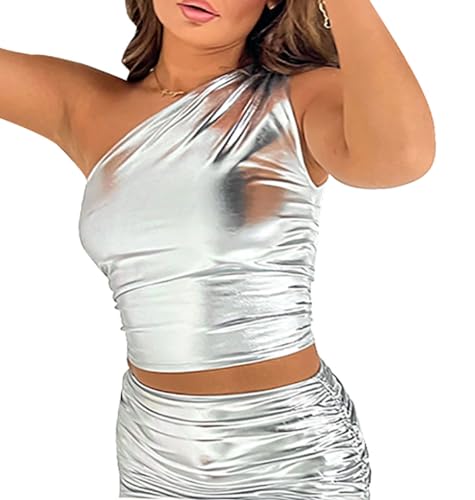 One Shoulder Metallic Crop Top Bra Shiny Silver Ruched