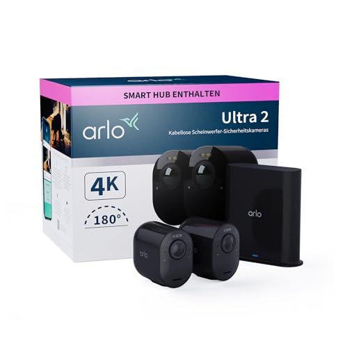 Arlo Ultra 2 Überwachungskamera Aussen WLAN, Kabellos, 2er Set, 4K UHD Qualitätsprodukt, 180° Sichtfeld, Spotlight, Farb-Nachtsicht, Bewegungsmelder, Alarm Sirene + mit Arlo Secure Testzeitraum