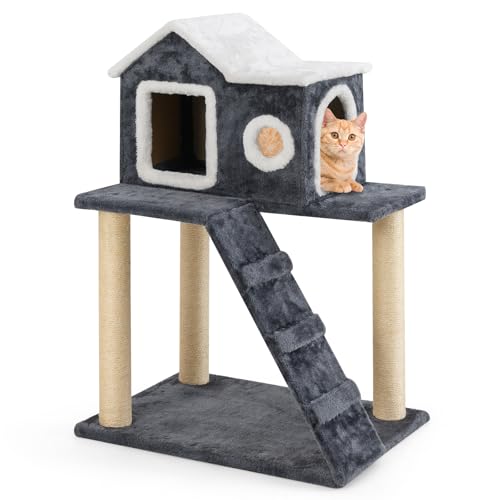 GYMAX Árbol para Gatos con Condominio de 2 Puertas, Torre de Gato con Alfombra y Escalera, 3 Postes de Rascado de Sisal, Muebles de Actividad para Gatos, Gris