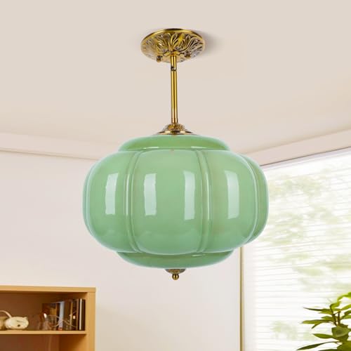 Pandaluna 15in Green Milk Glass Ceiling Light Fixture, LED Bulb