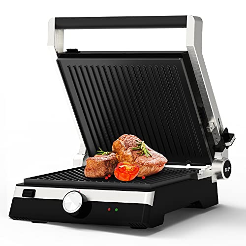 OMAIGA Panini Press, Sandwich Maker, 2000W 6-Serving Indoor Grill, Stainless Steel Top Surface, Detachable Non-stick Die-cast Aluminium Plates, Upright Storage, Opens 180 degrees