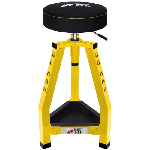 FreekyFit Taburete de taller ajustable, silla mecánica de garaje, taburete de metal para taller, altura ajustable, asiento acolchado giratorio de 360°, almacenamiento de bandeja de herramientas,