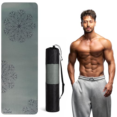 Image of Slovic Yoga Mat for Woman [6 MM] | TPE Yoga Mat for Man | Anti-Slip Exercise Mat for Home Workout & Home Gym | Durable & Lightweight Gym Mats for Floor With Cover Bag | Green