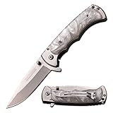 TAC Force Spring Assisted Folding Pocket Knife – Satin Finish Stainless Steel Drop Point Blade and Handle with White Pearl Acrylic Overlay, Pocket Clip, Tactical, EDC, Rescue - TF-934WP