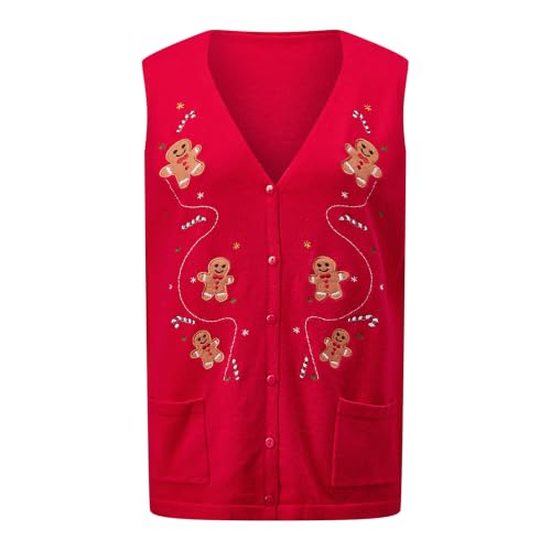 Image of KMBANGI Women Christmas Button Sweater Vest Embroidery Sleeveless Cardigan