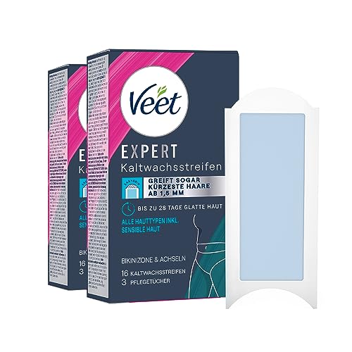 [Neu] Veet Expert Kaltwachsstreifen Bikinizone & Achseln - Wachsstreifen zur Haarentfernung für alle Hauttypen inkl. sensibler Haut - 8 Doppelstreifen = 16 Streifen