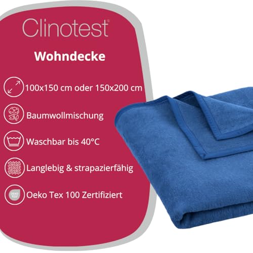 Clinotest Kuscheldecke 150x200 cm – Weiche Baumwollmischung Wohndecke, Atmungsaktiv & Pflegeleicht, Ideal als Sofadecke, Tagesdecke oder Überwurf, Warm & Gemütlich, in Blau