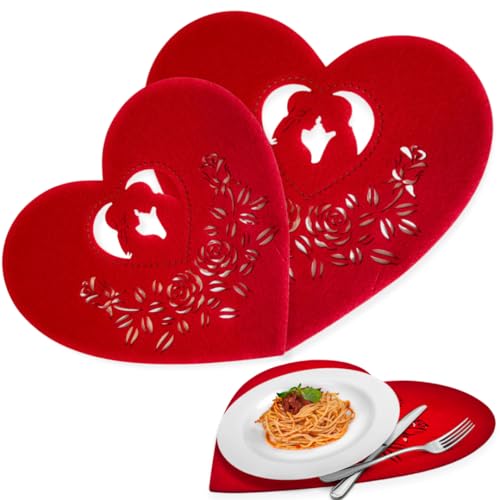 Lot de 2 sets de table en forme de cœur en feutre pour fête des mères 2025 - Idéal pour le petit-déjeuner/le dîner - Décorations romantiques