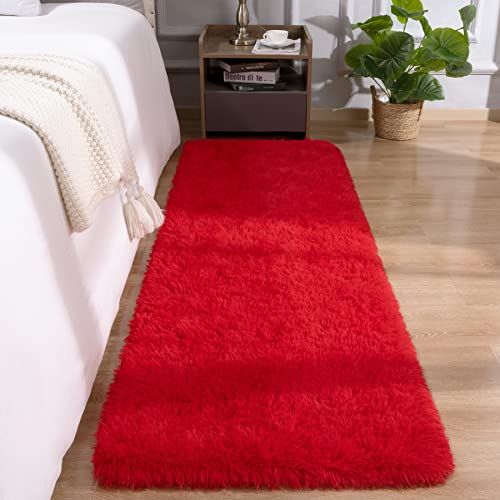DETUM Red Rug 2x6 Feet - Fluffy Red Runner Rugs for Bedroom Shaggy 2'...