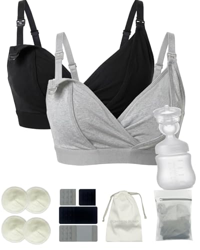 PUMPKIN PUMP Pumping Bra Hands Free, Nursing and Pumping Bra in One, Maternity Comfort V-Neck Bra Holding Breast Pumps 2 Pack (Black & Grey) with Nursing Pads, Extenders & Wash Bag & Storage Bag Set