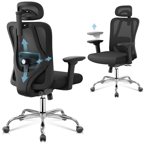 DEVAISE Ergonomic Mesh Office Chair with Adjustable 3D Headrest and Tilt Function, Big and Tall Reclining Comfy Home Computer Desk Chair with Lumbar Support and 3D Armrests, Black