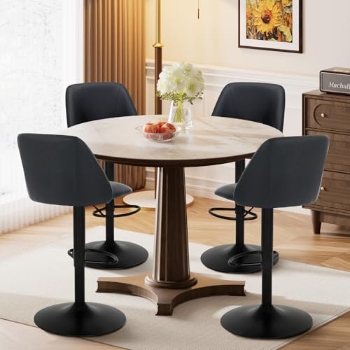 COLAMY Bar Stools Set of 4, Modern Swivel Bar Chairs, Adjustable PU Leather Upholstered Barstools Counter Height with Full Backrest for Bar, Dining Room, Kitchen Island, Black