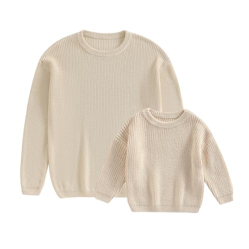 Mommy and Me Outfits Sweater Long Sleeve Crewneck Sweaters Family Matching Pullover Knitwear (Kids, 5-6 Years, Beige)