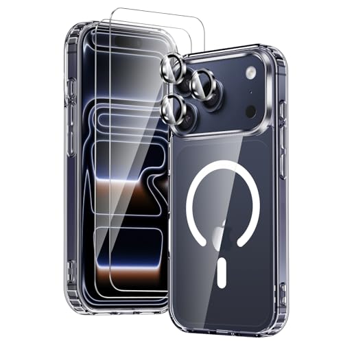 COPIKE Funda Magnética para iPhone 17 Pro con 2 Cristal Templado y 2 Protector Cámara, Compatible con MagSafe, Carcasa Antigolpes Anti-Amarillo Tapa Trasera Resistente Arañazos, Transparent