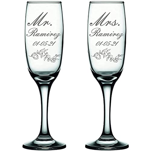 LAS VILLAS DESIGNS Personalized Wedding Champagne Flutes | Set of 2 Toasting Glasses | Mr. and Mrs. Design with Last Name, Date, and Vine Design | Clear Glass | Fully Customizable