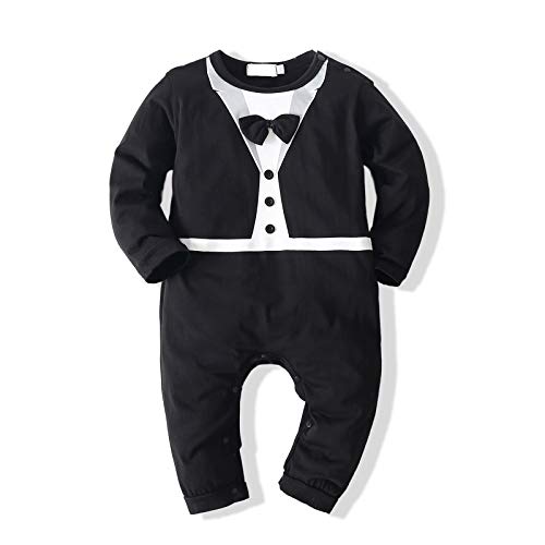 Baby Boy Romper Tuxedo Jumpsuit Gentleman One-Piece Button-Down Bowtie Wedding Suit Bodysuit (6-12 Months, Black&Black Bowtie 2)