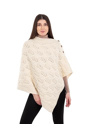 Image of SAOL Aran Poncho 100% Merino Wool for Ladies with Buttons V-Neck Shawl Cardigan