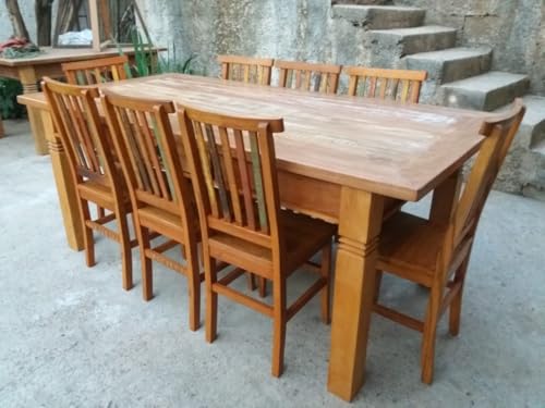 Mesa de Jantar Rústica em Madeira Maciça com 8 Cadeiras, Estilo Colonial, Acabamento colorido