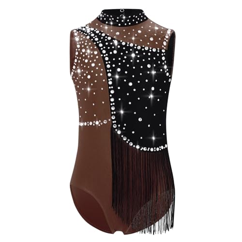 ranrann Enfant Fille Justaucorps Robe Patinage Artistique Gymnastique Danse sans Manches Strass Tenue Spectacle Compétition 5-16 Ans B Marron 13-14 Ans