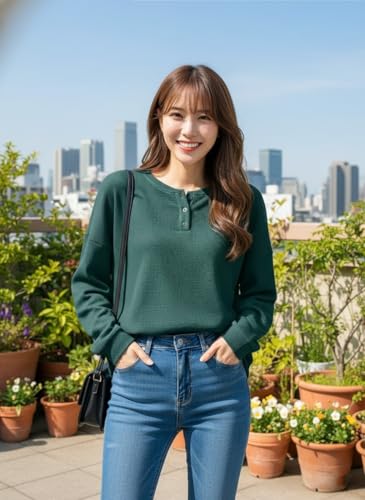 Image of Zilcon Full Sleeve Waffle (Wool) Oversized Tshirt for Women, Button Down Neck Longline Drop Shoulder Sweatshirt for Women