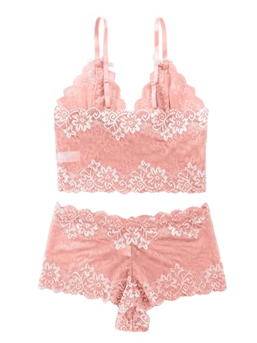 Image of Lilosy Sexy Lingerie for Women Lace Pajamas Set Cami Bra and Panty High Waist Sheer Sleepwear 2 Piece 2XS-6XL