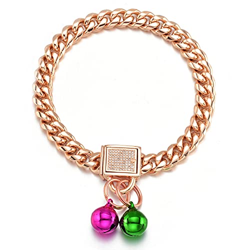 Gold Dog Chain Collars with Cubic Zirconia Locking Secure Buckle 10MM Rose Gold Metal Stainles Steel Cuban Link Chain Walking Chew Proof Chain Collar Necklace for Dog Puppy Cats Kitties (10MM, 12 )