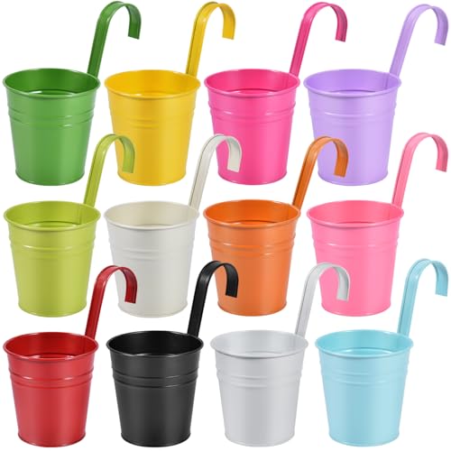 OBTANIM 12 Pack Metal Hanging Flower Pots Railing Planter Outdoor Fence Hanging Bucket Plant Holder with Detachable Hooks Drain Holes for Home Garden Yard Decor (Mixed Color, 4 x 4 Inch)
