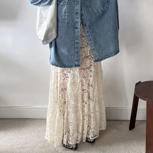 Women Crochet Knit Maxi Skirt Boho Eyelet Embroidery Ruffle Long Skirts Elastic Waist Flowy A-Line Beach Maxi Skirt2