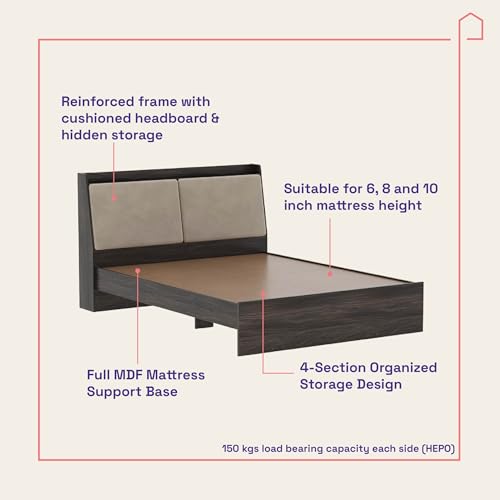 Image of Wakefit Bed | 3 Yr Warranty | Bed Queen Size, Non-Storage, Foam-Cushioned Upholstery Headboard, Density: 680-750 kg /m, Termite & Borer Resistant, Fits Mattresses Up to 8 Inches (Mars 78 x 60 - WM)