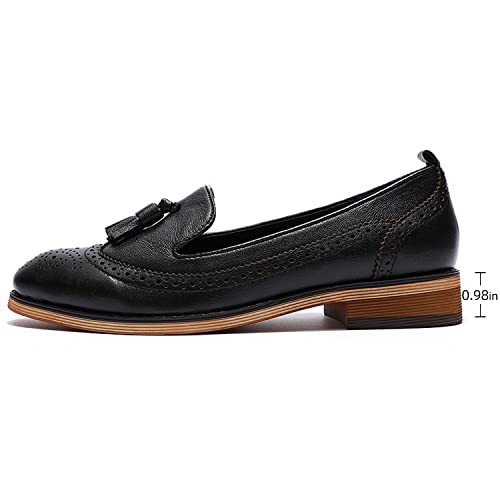 Image of Mona flying Women's Leather Tassel Loafers Slip on Brogue Flat Office Shoes