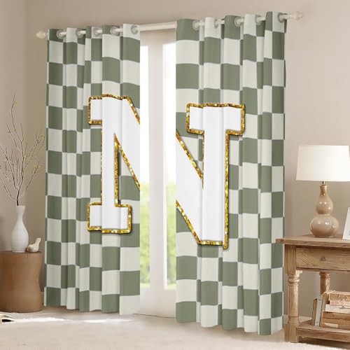 Image of Erosebridal Sage Green Checkered Blackout Curtains for Bedroom Living Room Plaid Initial N Window Curtains 2 Panels 52 inch Wx84 L Personalized Monogram Drapes,Grids Gingham Window Treatments